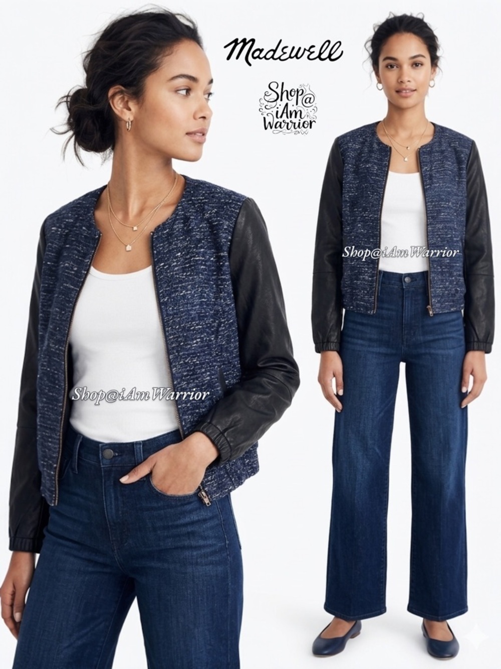 Madewell blue & black textured leather bomber jacket *shop@iamwarrior